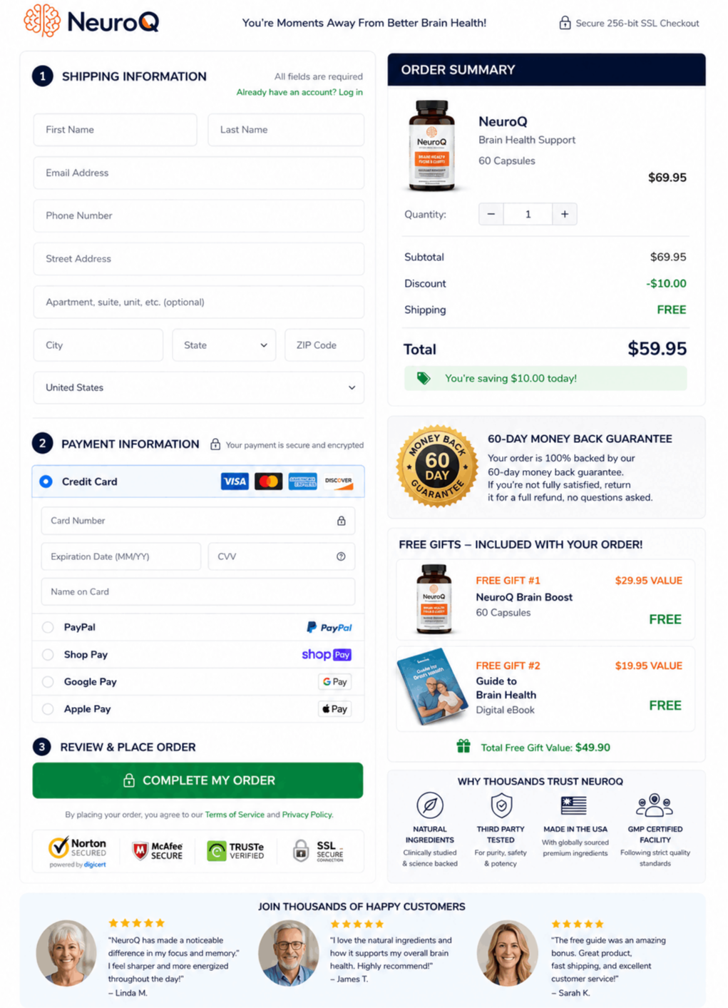 NeuroQ Brain Health secure SSL encrypted checkout page screen